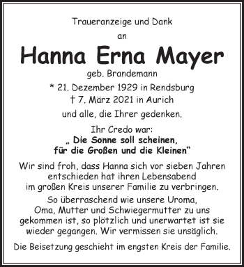 Traueranzeige von Hanna Erna Mayer von Anzeiger für Harlingerland