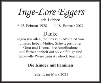 Traueranzeige von Inge-Lore Eggers von Anzeiger für Harlingerland