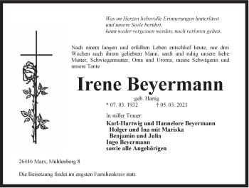 Traueranzeige von Irene Beyermann von Anzeiger für Harlingerland