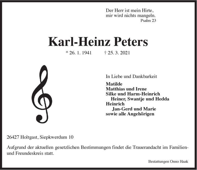  Traueranzeige für Karl-Heinz Peters vom 27.03.2021 aus Anzeiger für Harlingerland