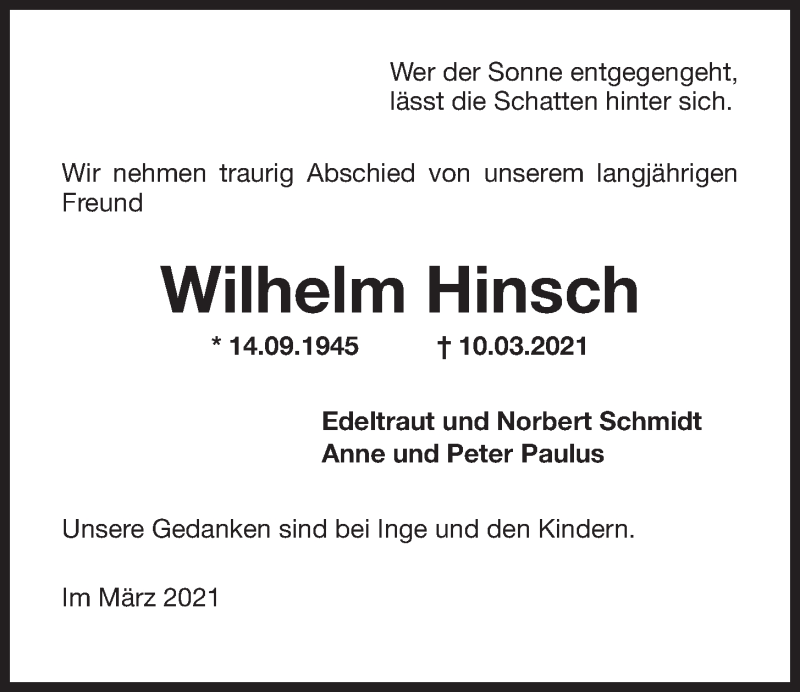  Traueranzeige für Wilhelm Hinsch vom 13.03.2021 aus Wilhelmshavener Zeitung