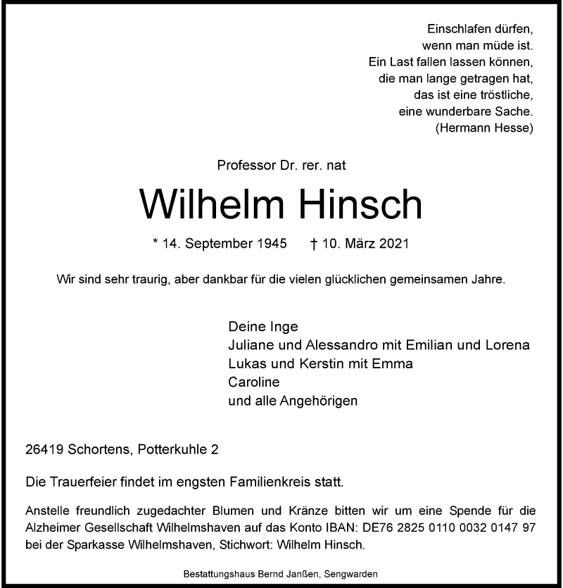  Traueranzeige für Wilhelm Hinsch vom 13.03.2021 aus Wilhelmshavener Zeitung