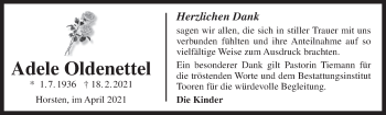Traueranzeige von Adele Oldenettel von Anzeiger für Harlingerland