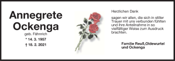 Traueranzeige von Annegrete Ockenga von Anzeiger für Harlingerland