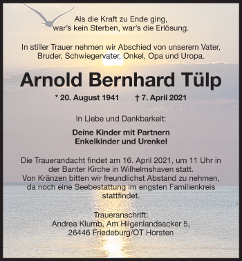 Traueranzeige von Arnold Bernhard Tülp von Wilhelmshavener Zeitung