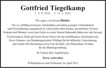 Traueranzeige von Gottfried Tiegelkamp von Anzeiger für Harlingerland