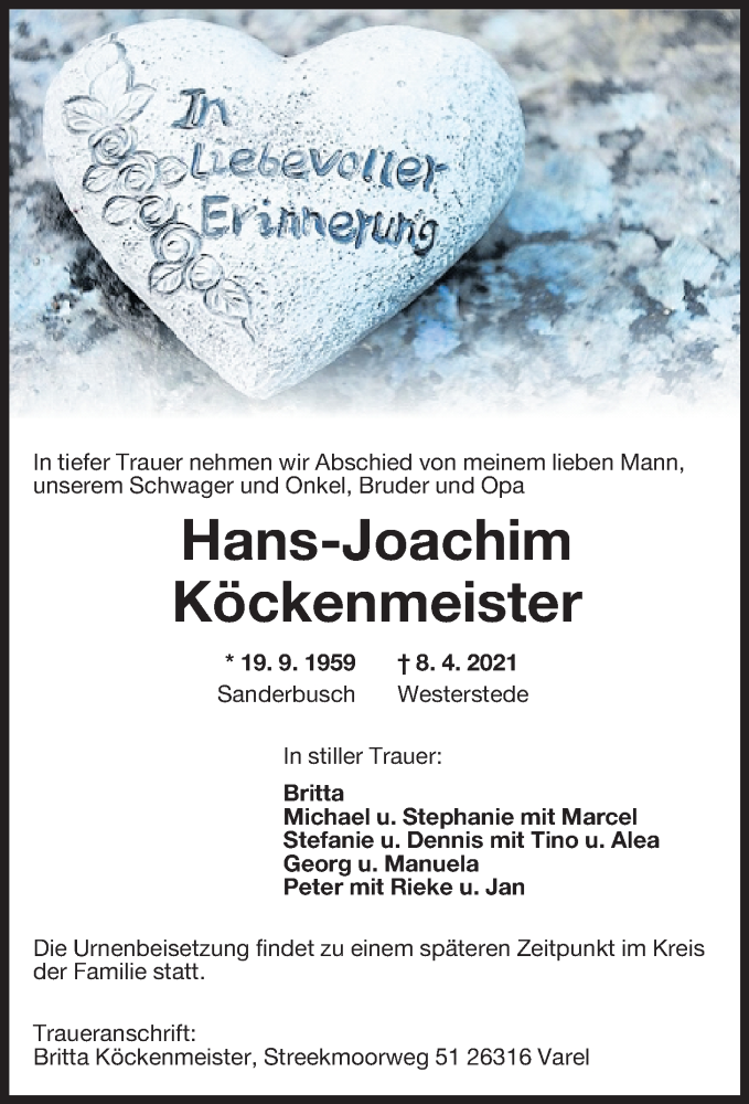  Traueranzeige für Hans-Joachim Köckenmeister vom 14.04.2021 aus Wilhelmshavener Zeitung