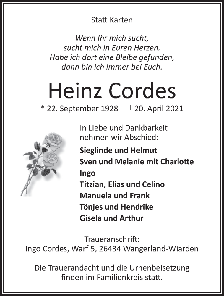  Traueranzeige für Heinz Cordes vom 22.04.2021 aus Anzeiger für Harlingerland