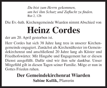 Traueranzeige von Heinz Cordes von Anzeiger für Harlingerland