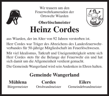 Traueranzeige von Heinz Cordes von Anzeiger für Harlingerland