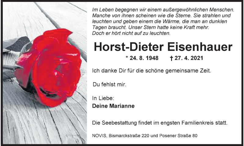  Traueranzeige für Horst-Dieter Eisenhauer vom 30.04.2021 aus Wilhelmshavener Zeitung