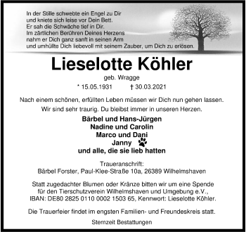 Traueranzeige von Lieselotte Köhler von Wilhelmshavener Zeitung
