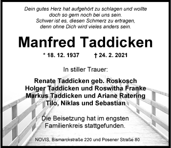Traueranzeige von Manfred Taddicken von Wilhelmshavener Zeitung