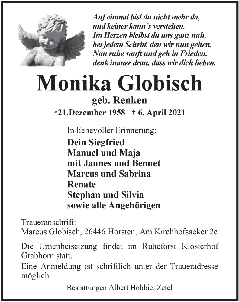  Traueranzeige für Monika Globisch vom 09.04.2021 aus Anzeiger für Harlingerland