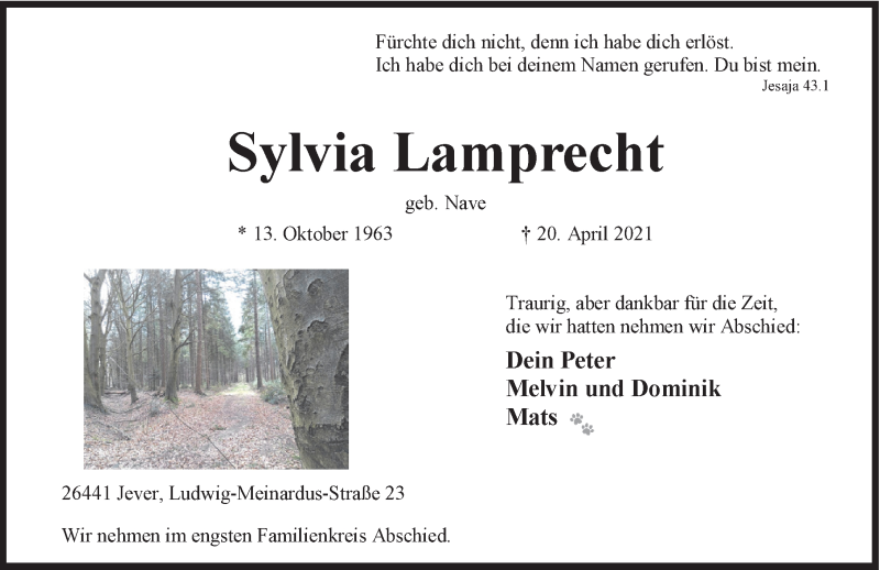  Traueranzeige für Sylvia Lamprecht vom 24.04.2021 aus Anzeiger für Harlingerland