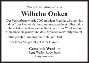 Traueranzeige von Wilhelm Onken von Anzeiger für Harlingerland