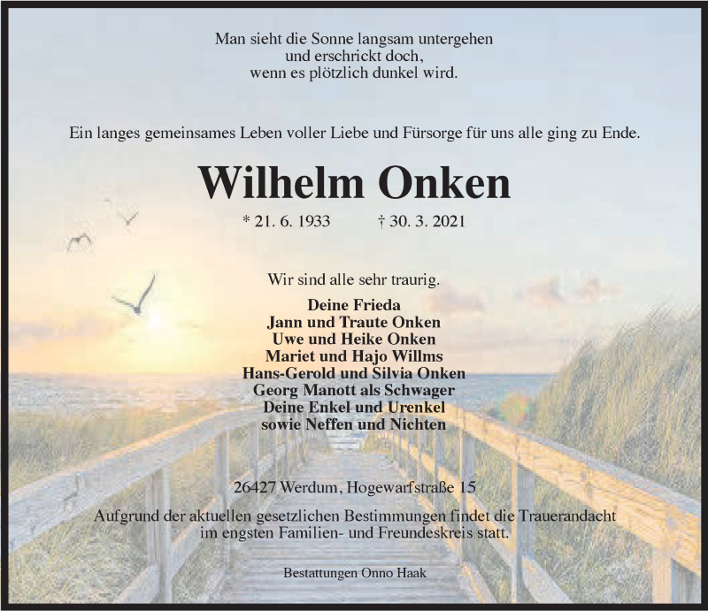  Traueranzeige für Wilhelm Onken vom 01.04.2021 aus Anzeiger für Harlingerland