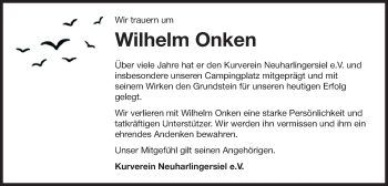 Traueranzeige von Wilhelm Onken von Anzeiger für Harlingerland