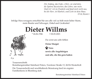Traueranzeige von Dieter Willms von Anzeiger für Harlingerland