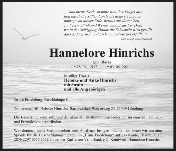 Traueranzeige von Hannelore Hinrichs von Anzeiger für Harlingerland