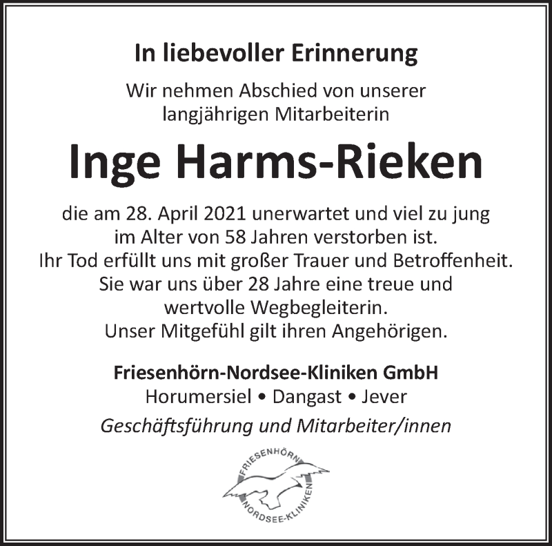  Traueranzeige für Inge Harms-Rieken vom 08.05.2021 aus Anzeiger für Harlingerland