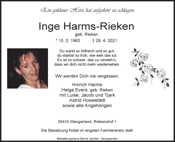 Traueranzeige von Inge Harms-Rieken von Anzeiger für Harlingerland