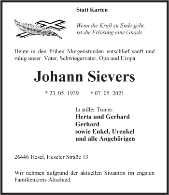 Traueranzeige von Johann Sievers von Anzeiger für Harlingerland