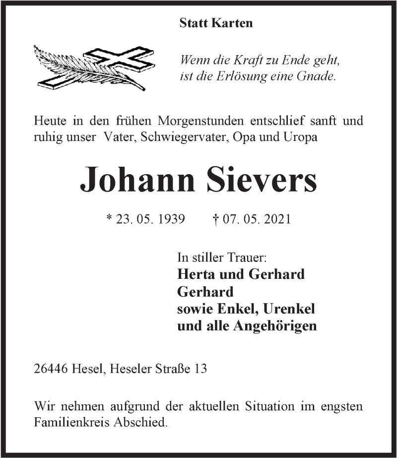  Traueranzeige für Johann Sievers vom 10.05.2021 aus Anzeiger für Harlingerland
