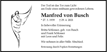 Traueranzeige von Manfred von Busch von Wilhelmshavener Zeitung