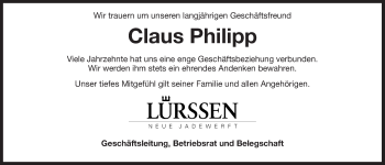 Traueranzeige von Claus Philipp von Wilhelmshavener Zeitung