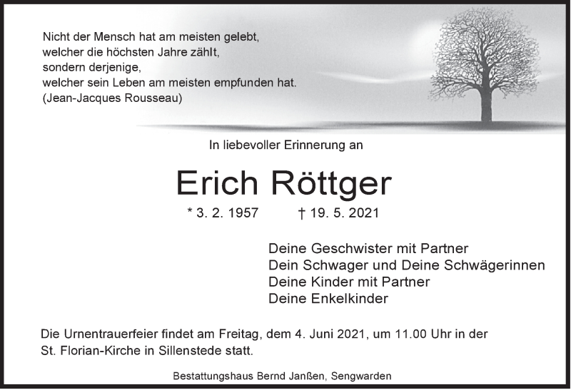  Traueranzeige für Erich Röttger vom 29.05.2021 aus Anzeiger für Harlingerland
