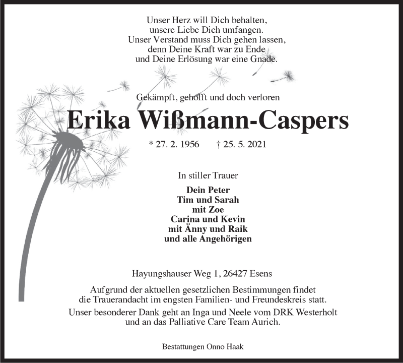  Traueranzeige für Erika Wißmann-Caspers vom 27.05.2021 aus Anzeiger für Harlingerland