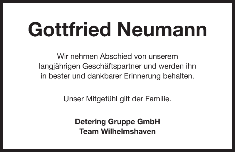  Traueranzeige für Gottfried Neumann vom 26.05.2021 aus Wilhelmshavener Zeitung