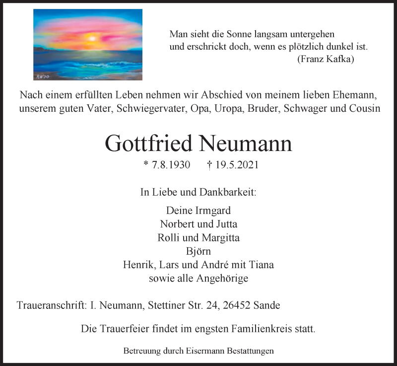  Traueranzeige für Gottfried Neumann vom 22.05.2021 aus Wilhelmshavener Zeitung