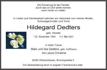 Traueranzeige von Hildegard Dedters von Wilhelmshavener Zeitung