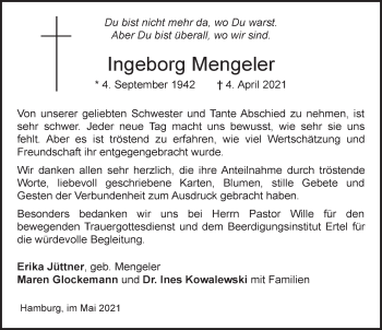 Traueranzeige von Ingeborg Mengeler von Anzeiger für Harlingerland