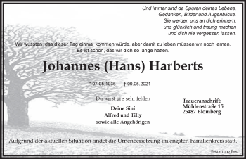Traueranzeige von Johannes Harberts von Anzeiger für Harlingerland