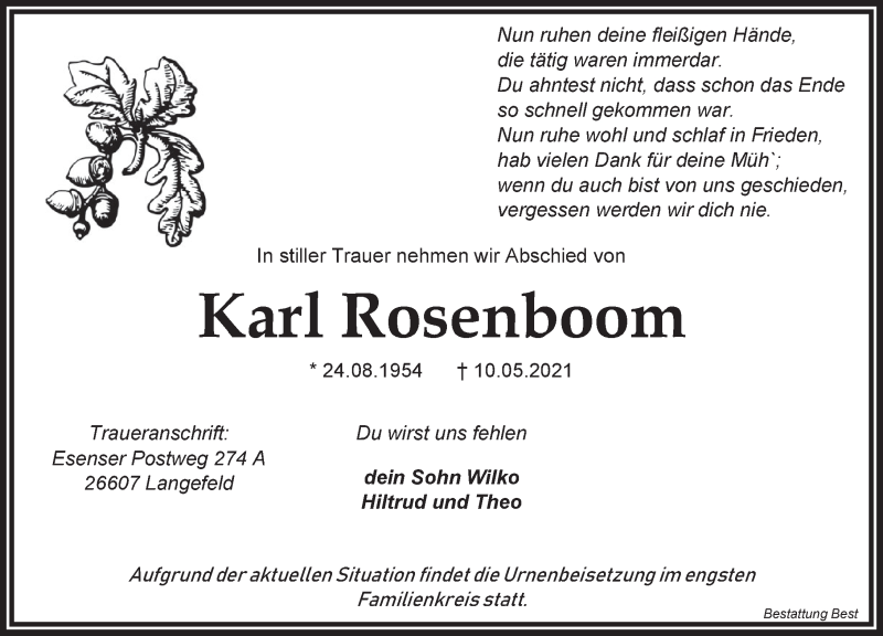 Traueranzeigen Von Karl Rosenboom | Nordwest-trauer.de