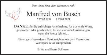 Traueranzeige von Manfred von Busch von Wilhelmshavener Zeitung