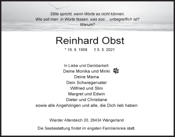 Traueranzeige von Reinhard Obst von Anzeiger für Harlingerland
