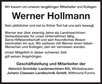 Traueranzeige von Werner Hollmann von Anzeiger für Harlingerland