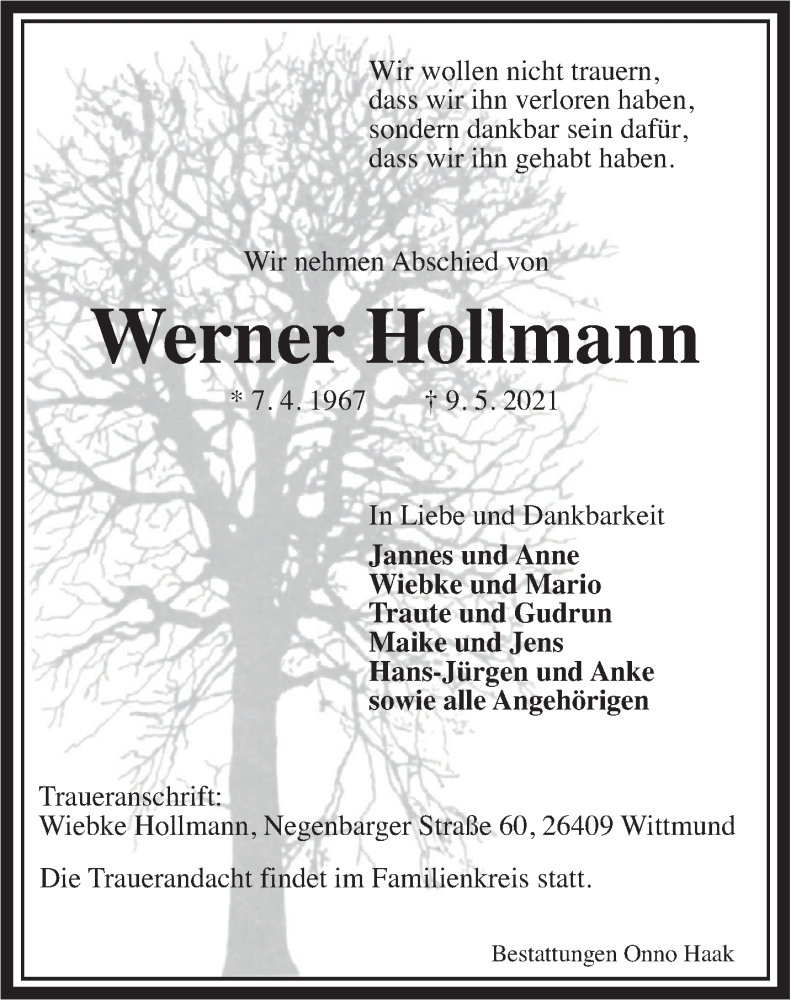  Traueranzeige für Werner Hollmann vom 14.05.2021 aus Anzeiger für Harlingerland