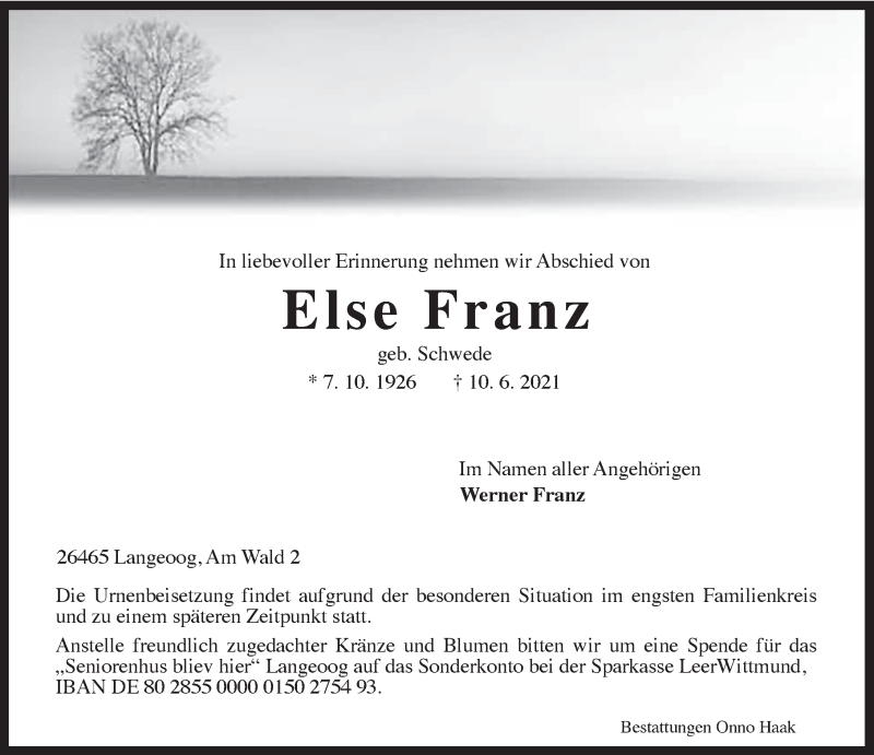  Traueranzeige für Else Franz vom 12.06.2021 aus Anzeiger für Harlingerland