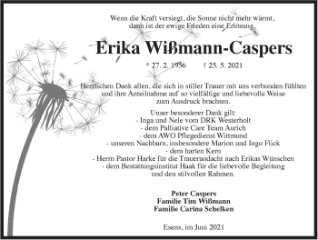 Traueranzeige von Erika Wißmann-Caspers von Anzeiger für Harlingerland