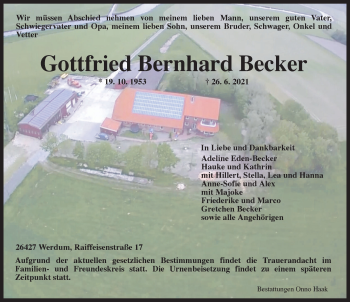 Traueranzeige von Gottfried Bernhard Becker von Anzeiger für Harlingerland