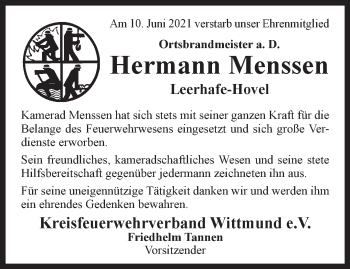 Traueranzeige von Hermann Menssen von Anzeiger für Harlingerland