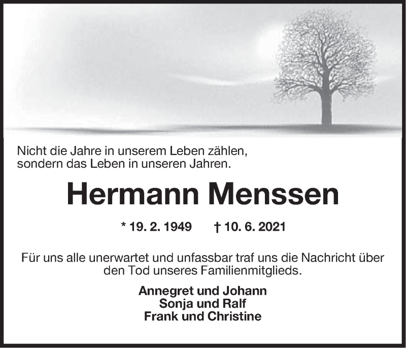  Traueranzeige für Hermann Menssen vom 14.06.2021 aus Anzeiger für Harlingerland