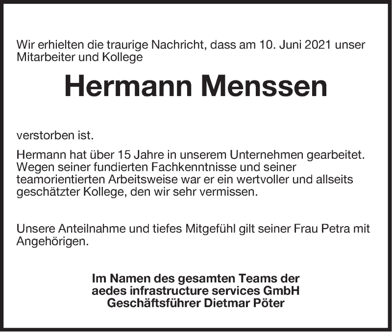  Traueranzeige für Hermann Menssen vom 14.06.2021 aus Anzeiger für Harlingerland