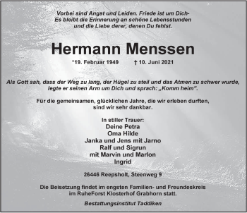 Traueranzeige von Hermann Menssen von Anzeiger für Harlingerland