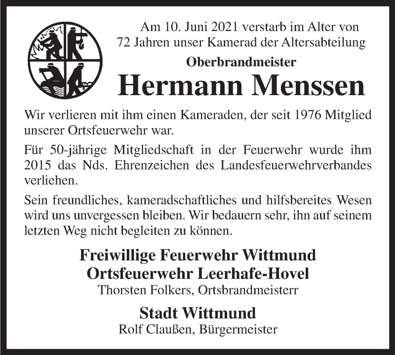  Traueranzeige für Hermann Menssen vom 15.06.2021 aus Anzeiger für Harlingerland